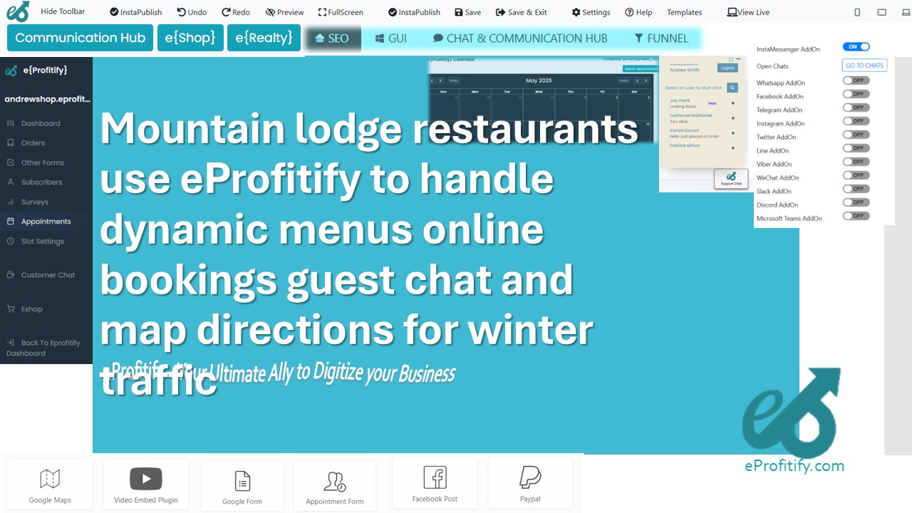 Mountain lodge restaurants use eProfitify to handle dynamic menus online bookings guest chat and map directions for winter traffic